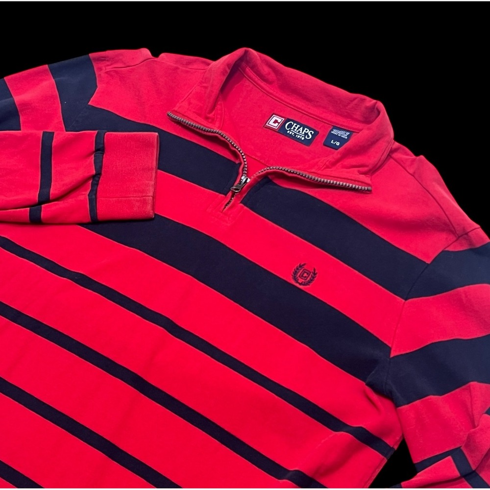 Chaps Mens Large Red Navy Striped Long Sleeve 1/4 Zip Pullover Preppy India Made